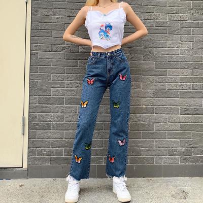 China New Design Breathable Zipper Casual Butterfly Printed Denim Pants Multi Pocket Straight Pants for sale