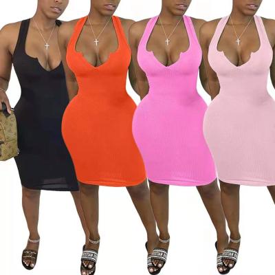 China New Arrivals Breathable Summer Bodycon Ladies Solid Vest Dress Casual Deep V Neckline Mini Dress for sale