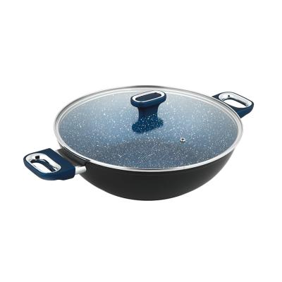 China General Use For Gas And Induction Cooker Professional Forged Aluminum Nonstick Marble Stone Coating Double Handle Wok With Glass Lid for sale