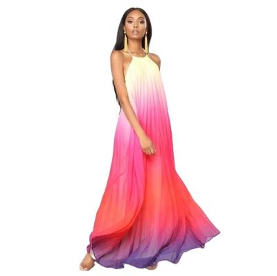 China Hot Selling High Waist Breathable Gradient Pleated Chiffon Long Dress Chiffon Trim Sexy Women's Long Dress for sale