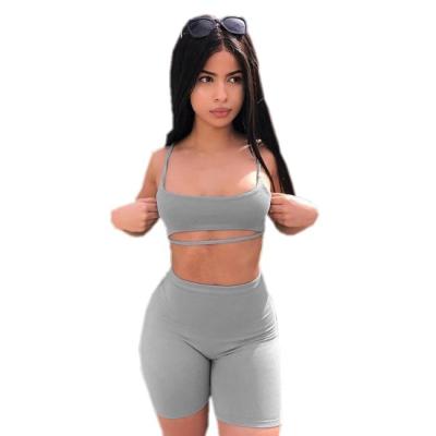 China Gray Black Summer Viable Sexy Two Piece Set Crop Tops And Clothes Bodycon Matching Biker Shorts Sets For Women Y11704 for sale