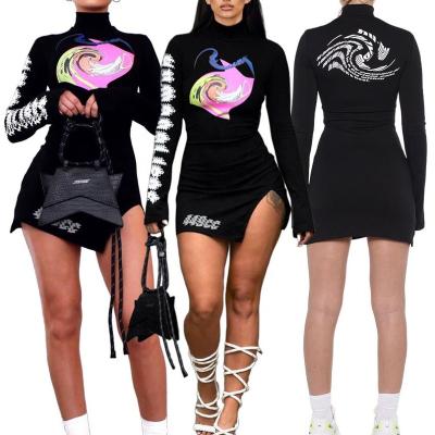 China Anti-Static Anti-Static Side Split Long Sleeve Mini Dress Turtleneck Women's Club Wear Sexy Dresses For Ladies for sale