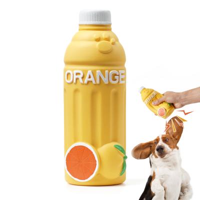 China Orange fruit juice bottle shape dog toy Amazon fruit juice top sale dog toy latex chew viable soft rubber latex pet dog toy for sale