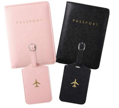 China Fashion Custom Gold Stamping Airplane Faux Leather Passport Holder Luggage Tag Set for sale