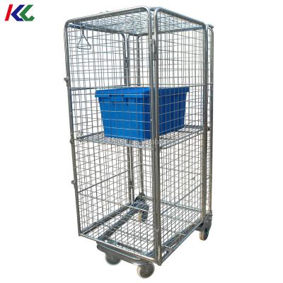 China Easy Folding Safe Stackable Metal Warehouse Roll Container Cage Cart With 4 Wheels for sale