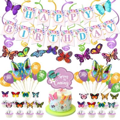 China Handmade Nicro Butterfly Theme Party Decoration Set Swirl Banner Foil Balloon Cake Topper Girl Birthday Party Supplies for sale