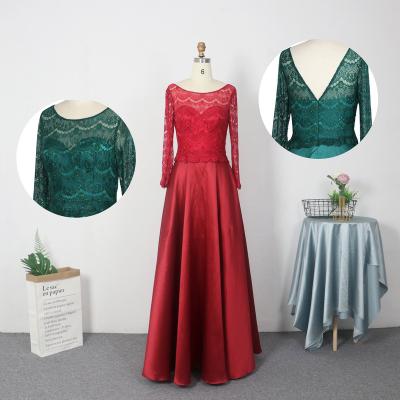 China Anti-wrinkle Women Garment Satin Lace Red Prom Floor Length Dress Evening Dresses With Long Sleeves for sale