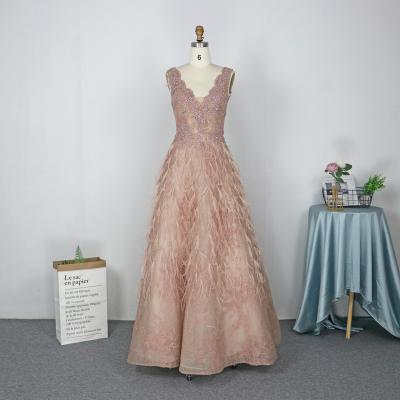 China Pink Elegant V-Neckline Anti-wrinkle Rhinestones Feather Sleeveless Sexy Luxury Long Sleeveless Even Dresses Lace Up Beaded Party Gowns for sale