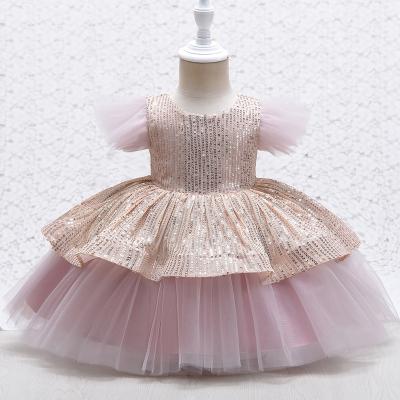 China Beautiful Breathable Sequin Tulle Tulle Bridesmaids Dresses Flower Girl Dresses Short Sleeve Pink Girls Dress To Weed Ball Gown for sale