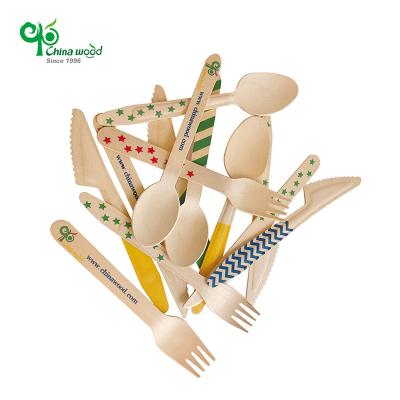 China Mechanical Automation Custom Biodegradable Disposable Colored Birch Wooden Cutlery Set With Printing for sale