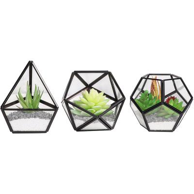 China Home Decor Bohemian Set of 4 Black Mini Glass Geometric Terrarium Potted Artificial Plants for sale