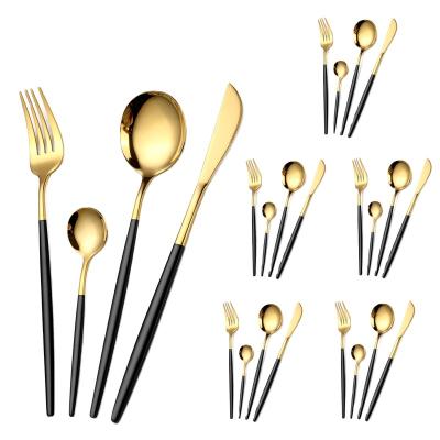 China Sustainable 24pcs Portable Utensil Dinnerware Set With A black gold  Travel Camping Cutlery Stainless Steel Reusable Silverware Set for sale