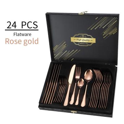 China Amazon 24PCS Rose Gold Wooden Box Stainless Steel Dinnerware Set Restaurant Stainless Steel Knife Viable Fork and Spoon Serves 6 for sale