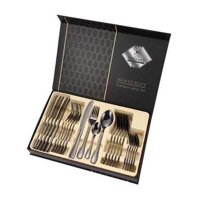 China Sustainable Luxury black 24pcs stainless steel knife  spoonr fork tea spoon wedding cutlery sets for sale