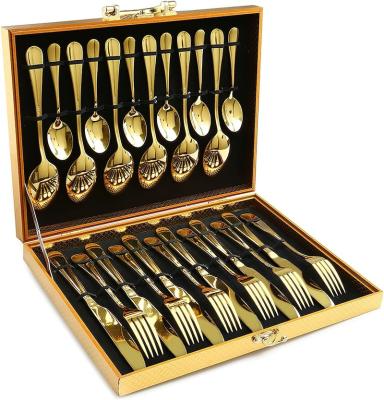 China Sustainable Wholesale royal silverware gold stainless steel spoon fork knife 24pcs cutlery flatware sets service for 6 for sale