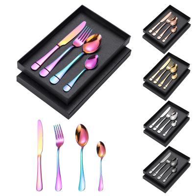 China Sustainable New Design Iridescent Cutlery 4pcs Gift Box Camping Stainless Steel Flatware Set Travel Dinnerware for sale