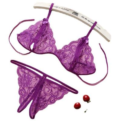 China QUICK DRY Colorful Lace Bra Two Piece Saxy Fun Three Point Set Lace Up Underwear Set for sale