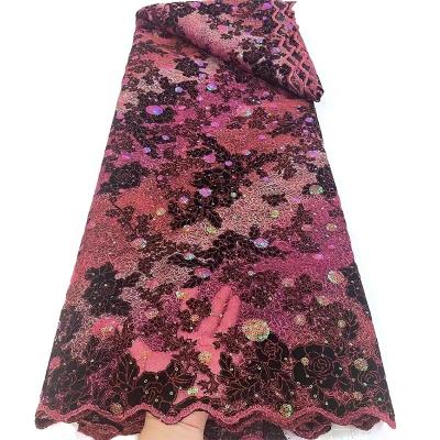 China Latest Design Viable Flocking 2021 Luxury High Quality African Velvet Sequins Embroidery Lace Fabric Nigerian Lace Fabric For Women for sale