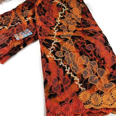 China 2021 New Viable Orange Nigerian Flocking Velvet Lace With Sequins For Party for sale