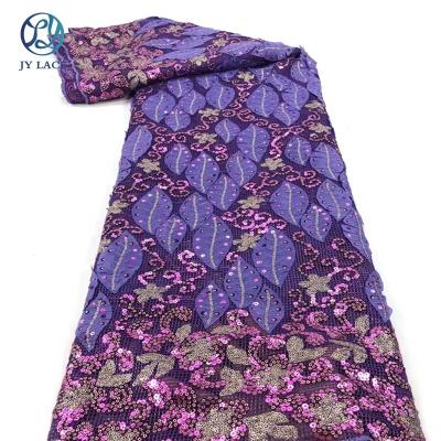 China JY Viable Elegant Purple 3d Laser Cut African Stone Lace Mesh Embroidery Women Dress Fabric With Sequins for sale