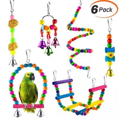 China Hot Stocked Amazon 6 PCS Wooden Bird Dangle Hanging Perches Parrot Bird Chew Toys Set for sale