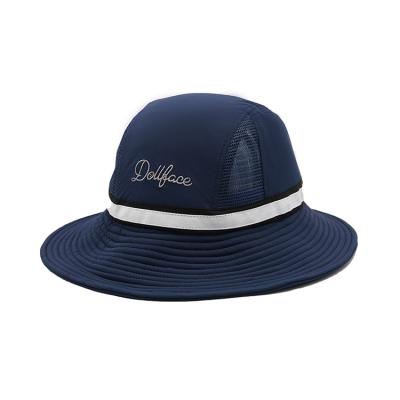 China Cotton Fabric Outdoor Unisex Flat Brim Bucket Hat Blue Color Custom Logo for sale