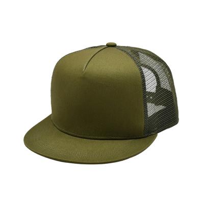 China Camo 6 Panel Flat Brim Mesh Cap Custom Logo Army Green Flat Brim Trucker Hat for sale