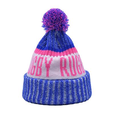 China 100% Acrylic Pom Knitted Fashion Beanie Hat Custom OEM Jacquard Logo for sale