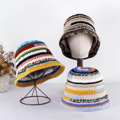 China Custom Crochet Hat Autumn Winter Colored Handmade Striped Knitted Versatile Crochet Bucket Hats Thick Women Fisherman Cap for sale