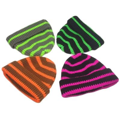 China Children Short Knitted Striped Hat Winter Beanies for Boys Girls Warm Cuff Cap for sale