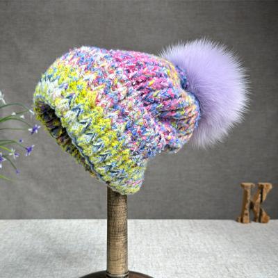 China 2024 New Hat Women Cashmere Knitted Hat Autumn/Winter Fox Fur Pompom Hat Curled Edge Colored Protection Ear Cap for sale