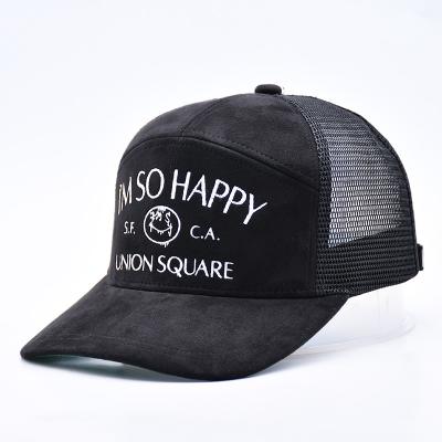 Κίνα 7 Panel Black Suede Panel Trucker Hats High Quality Mesh Cap Custom Brim Embroidery Velvet Trucker Caps Hats προς πώληση