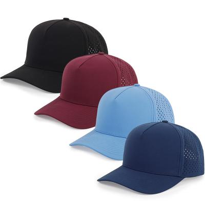 Cina Al dettaglio 5 pannelli Blue Baseball Cap Custom Laser Cut Hole Gorras Golf Waterproof Polyester Sports Hat in vendita