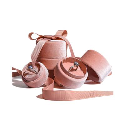 China Recyclable Delicate Handmade custom small shell ring earrings velvet travel round pink jewelry box packaging with ribbon for sale