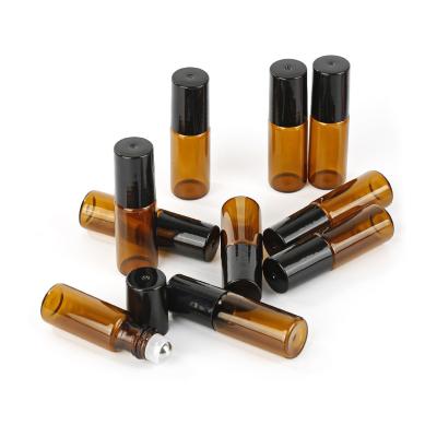 China Mini 1ml Amber Glass Roller Bottle Refillable Perfume Vials 2ml 3ml Essential Oil Cosmetic Roll On Bottle With Metal Ball for sale