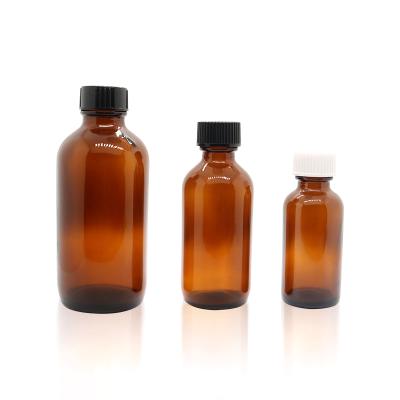 China Boston Round Glass Cosmetic Amber Packaging Bottles 1oz 4oz 50ml Serum Bottles Essential Oil Cheap Bottle With Black Poly Cone Cap for sale