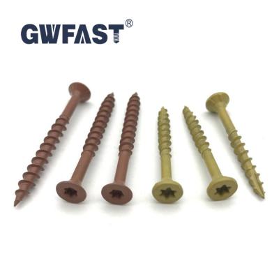 China Gray Tan Coated Deck Screw Flat Coutnersunk Ruspert Countersunk Chipboard Screw T17 Green Torx Coated Exterior Screw for sale