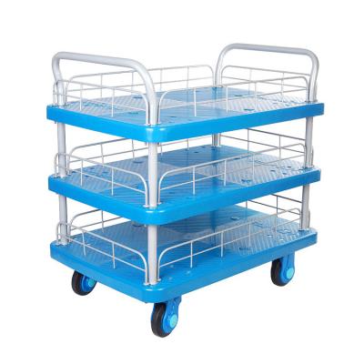 China Uni-Quiet Multi Layer Heavy Duty Platform Trolley for Tools with Guardrail and Double Handles PLA300N-T3-HL3-D for sale