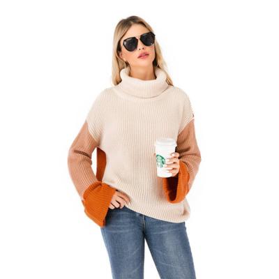 China New Design Anti-wrinkle Fashionable Turtle Neck Patchwork Off-Shoulder Lantern Sleeve Fold Over Cuff Plain Knit Jumper For Women for sale