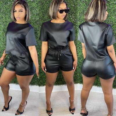 China Newcomers QUICK DRY women clothes summer 2022 casual women 3 color leather two piece short set trend plus size 2 piece short set women for sale