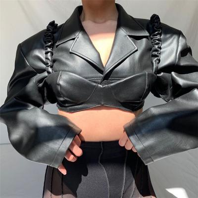 China Breathable women tops 2021 fall fashion newcomers sexy leather tops women sheath long tender sexy black leather crop tops PU for sale