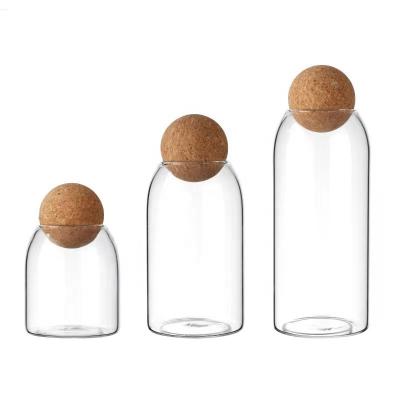 China Household Products Ball Cork Glass Jar Set With Spherical Lids Borosilicate Container Food Storage Kitchen Canisters Organizer Tank Used To Store for sale