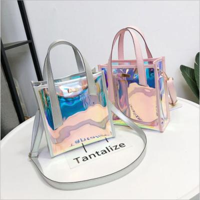 China Shape Laser Holographic Messenger Bags Jelly Rainbow Hologram Transparent Handbag for shoulder bag made up lady to women bags for sale