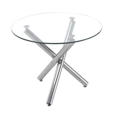 China Round Shaped Tempered Glass Simple And New Beauty Design Top With Chrome Cross Leg Modern Dining Table for sale