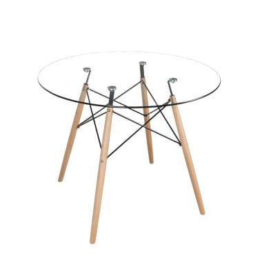 China Modern Modern Round Glass Dining Table with Wooden Legs for Kitchen Dining Room and Living Room for sale