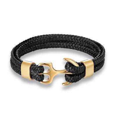 China Custom Logo Charm High Polish Stainless Steel Casual/Sporty Box Gold Plated Genuine Leather Anchor Bracelet for sale