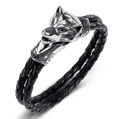 China Punk Fashion Plated Wolf Head Charm Genuine Leather Bracelet For Men Leather Bracelet Stainless Steel for sale