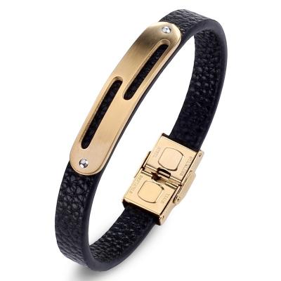 China Stainless Steel Gold Plating Charm Fashion Fancy Italian Men's Leather Bracelets With Diamond Charm for sale