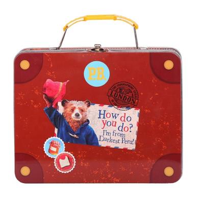 China Gift / Cookie Child Proof Hinged Suitcase Metal Box Lunch Tin Can With Handle Supplier for sale