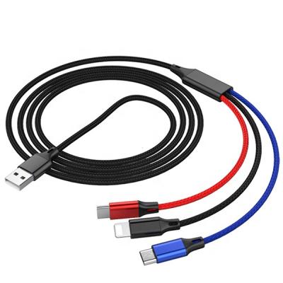 China Mobile Phone Types 3A Fast Charger Tether 3 In 1 Charging Cable 1.2M For Type C Lighting Micro USB Cable for sale